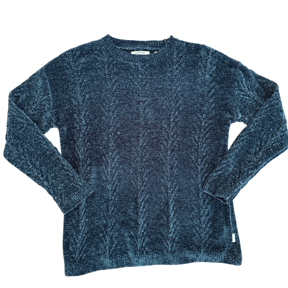 Orvis Womens Teal Blue Chenille Cable Knit Crew Neck Sweater Sz L Fall Winter